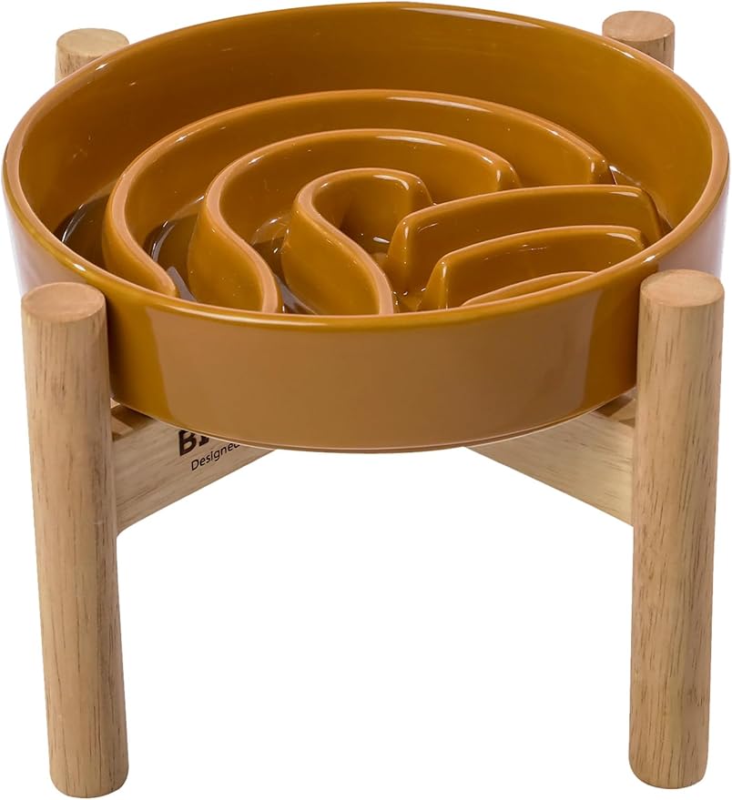 Ceramic Maze Dog Slow Feeder with Non-Slip Silicone Rim (& Bamboo Stand) – Heavy-Duty Stoneware Bowl with Puzzle Pattern for Bloating & Obesity Prevention (Raised-Orange-S)