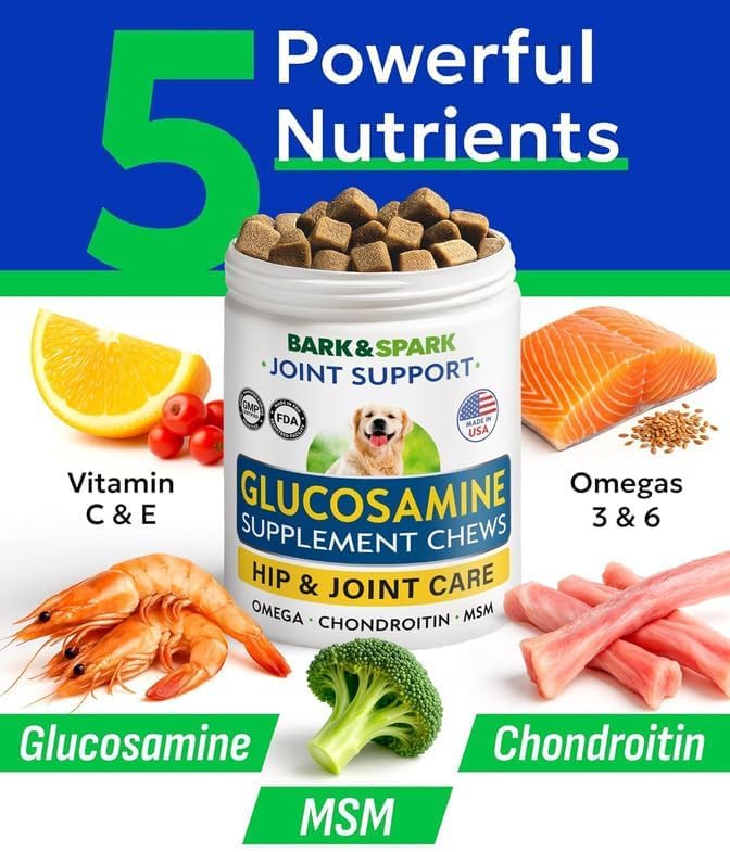 BARK&SPARK Glucosamine Chondroitin Dog Hip & Joint Supplement - Joint Pain Relief - Hip & Joint Chews - Joint Support Large Small Breed - Senior Doggie Vitamin Pill Joint Health (180 Treats - Bacon)