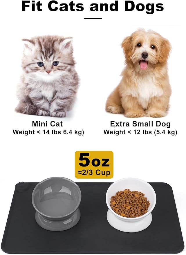 LoeJan Elevated Cat Food Bowl, 5 Oz Ceramic Raised and Tilted Water Bowl, Anti Vomiting and Protect Pets' Spines Dishes for Small Dog, Fat Faced Cat, Kitten (White & Grey)