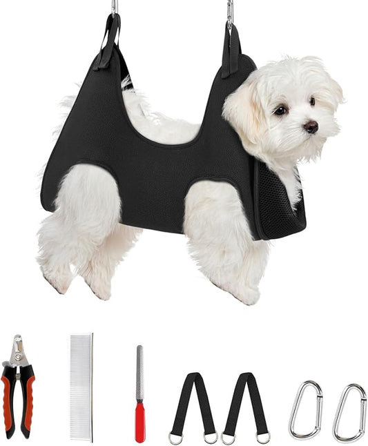 Supet Dog Grooming Hammock Harness for Dogs Cats, Relaxation Pet Nail Clipper Hammock, Restraint Dog & Small Animal Leashes Sling for Groomingk for Nail Trimming (Black, XS)