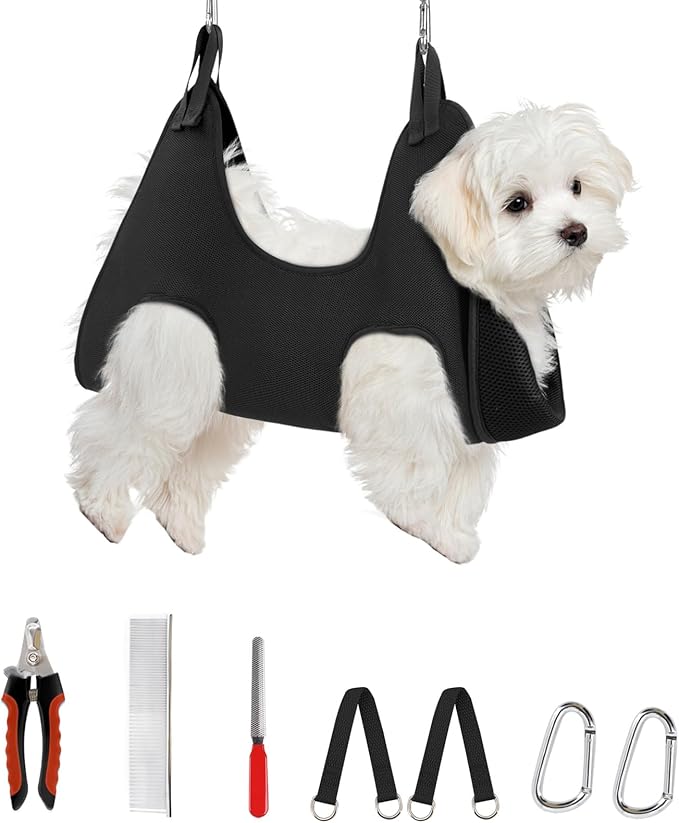 Supet Dog Grooming Hammock Harness for Dogs Cats, Relaxation Pet Nail Clipper Hammock, Restraint Dog & Small Animal Leashes Sling for Groomingk for Nail Trimming (Black, 2XS)