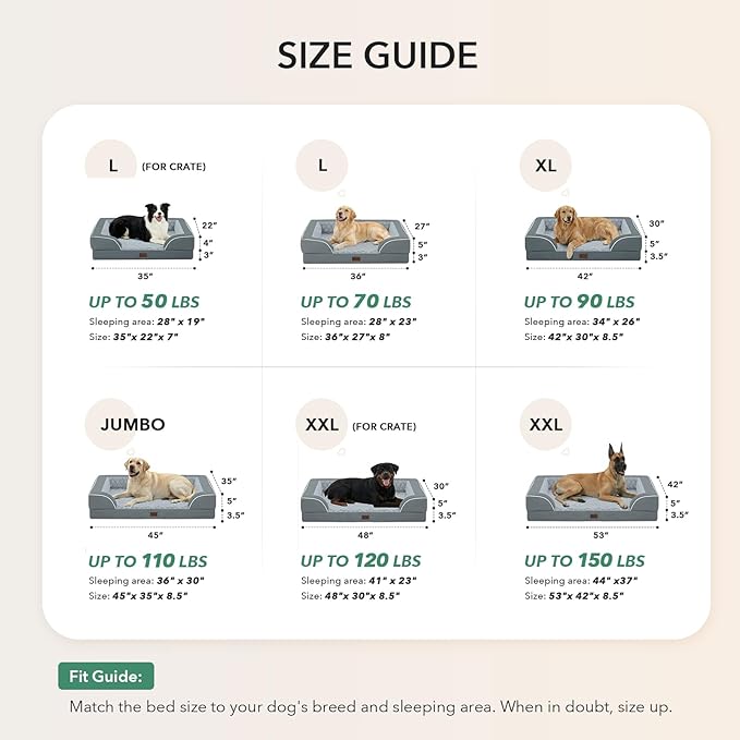 Orthopedic Dog Beds for Extra Large Sized Dogs, Waterproof Memory Foam XL Pet Bed with Sides 48x30Inch, Non-Slip and Egg-Crate Foam Big Dog Couch Bed with Removable Washable Cover, Grey