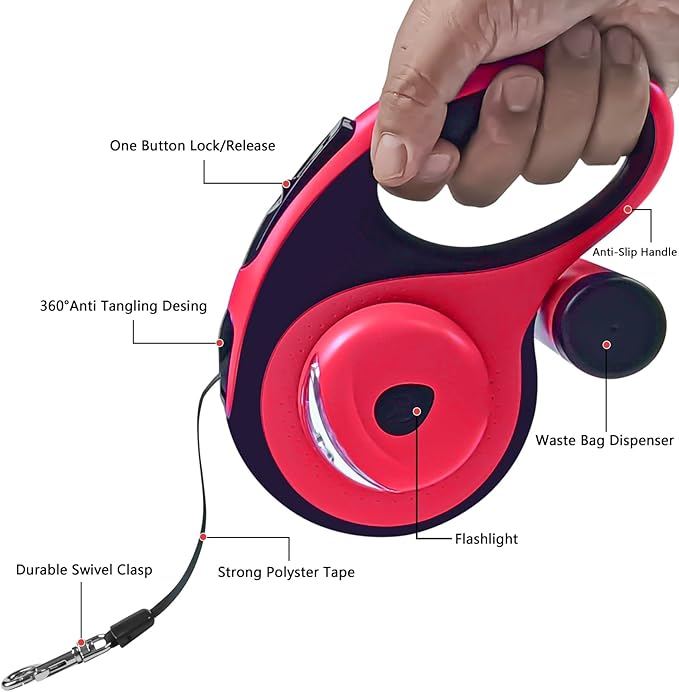 Retractable Dog Leash with Light - 26Ft Leashes with Poop Bag & Holder, One Button Break & Lock, 360°Tangle Free, Anti Slip Grip, Red