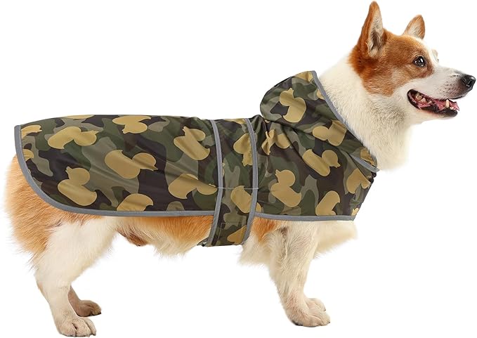 Dog Raincoats for Large Dogs Waterproof Hooded Rain Jacket with Reflective Strips Leash Hole & Poncho Adjustable Fit (CamoDuck,L)