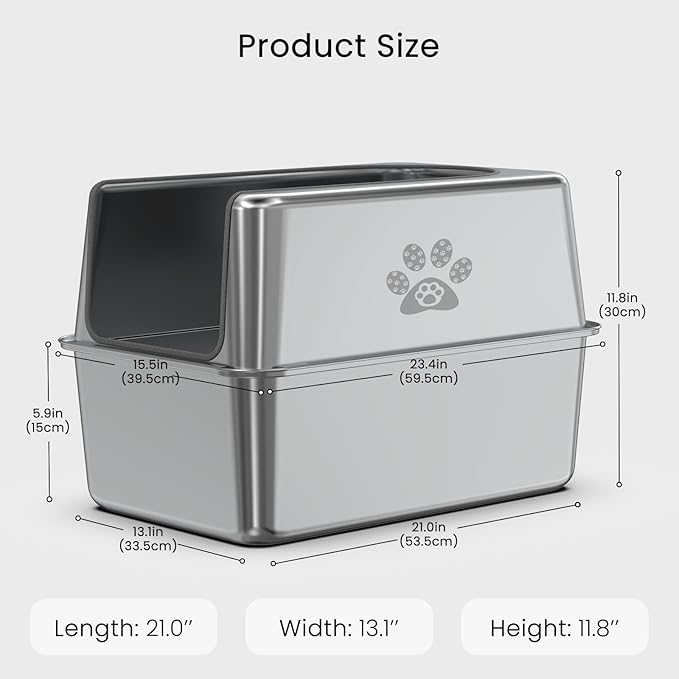 Enclosed Stainless Steel Cat Litter Box with Lid, XL Leak-Proof Metal Litter Box for Big Cats, Extra Large Cat Toilet with High Side, Press-Fit Design, Non-Stick, Odor-Free, with Litter Mat & Scoop