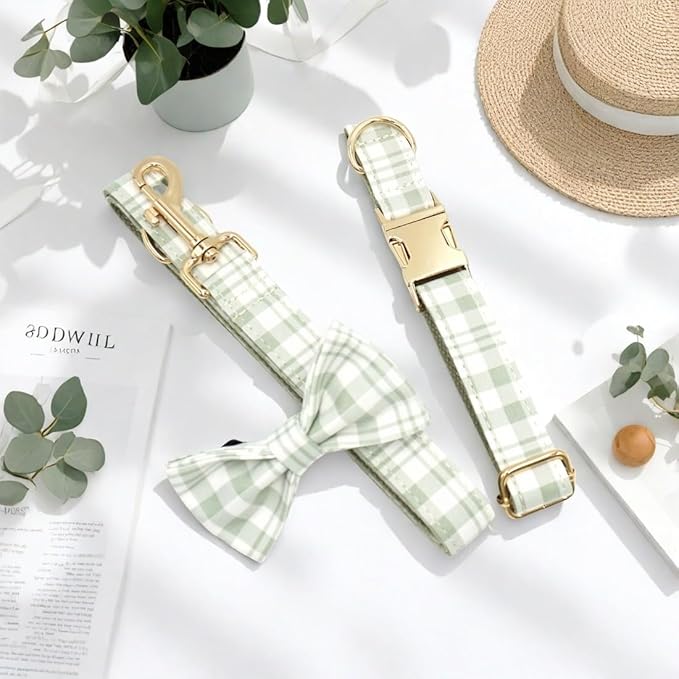 PETDURO Personalized Dog Collar Olive Green Plaid for Large Medium Dogs | Engraved Name and Phone Number on Gold Metal Buckle for Boys & Girls | Add Leash & Bow Tie via Customize Now