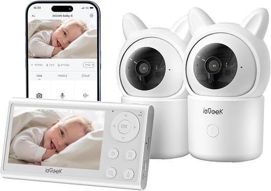 ieGeek 1080P Baby Monitor with 2 Cameras | 4.3" Split-View for Twins Nursery | Night Vision, Sound & Motion Alerts, 2-Way Talk, Pan-Tilt-Zoom | Secure Local Monitoring with Free App, No Monthly Fee