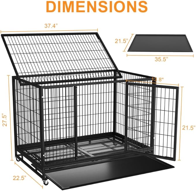 48/37 inch Heavy Duty Wire Dog Crate Cage Kennel for Large Dogs, High Anxiety Dog Crate with Removable Crate Trays, Wheels and Double Door, Extra Large XL XXL