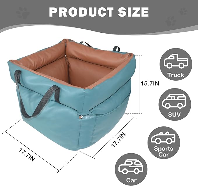 Dog Car Seat for Large Dogs, Large Leather Dog Car Bed with Storage Pocket, Waterproof PVC Leather Booster Seat Travel Bed for Front & Back Seat, Clip-On Safety Leash (Blue/Brown)