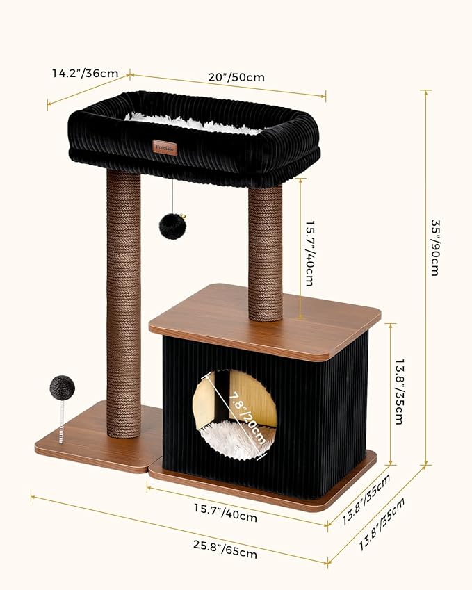 Modern Cat Tree for Indoor Cats, Nordic Loft Style, Wooden Cat Tower with Sisal Scratching Posts, Soft Padded Beds & Cozy Condos, Floor-Mounted for Kittens & Adult Cats
