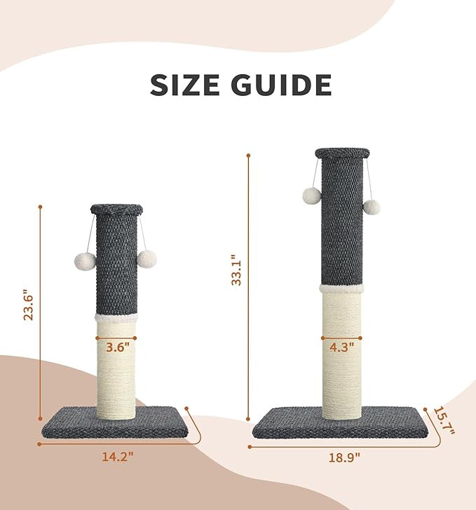 Made4Pets Tall Cat Scratching Post, Heavy Duty and Thicker Scratching Posts for Indoor Cats Adults, 23.6" Natural Sisal Cat Scratcher with Hanging Balls, Sturdy Base Cat Scratch Post, Dark Grey