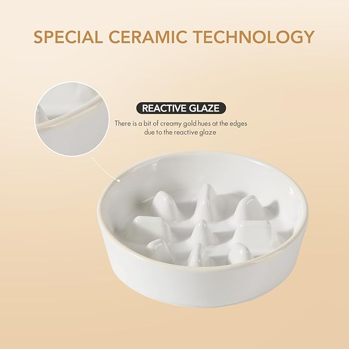 Ceramic 1.2 Cup Dog Bowl Slow Feeder, 7.3 inch Slow Pet Food Dish for Medium and Small Dog, Stop Bloat, Preventing Choking(Single Bowl, Reactived Glaze -White)