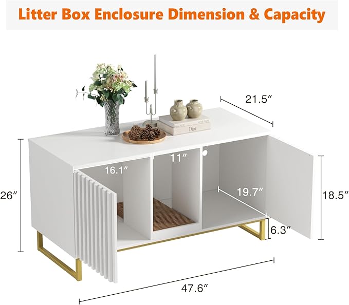 Double Litter Box Enclosure,Modern Cat Litter Box Enclosure for 2 Cats, Hidden Litter Box with Cat Scratch Pad, Cat Washroom Cat House End Table, Entryway Bench for Livingroom (White)