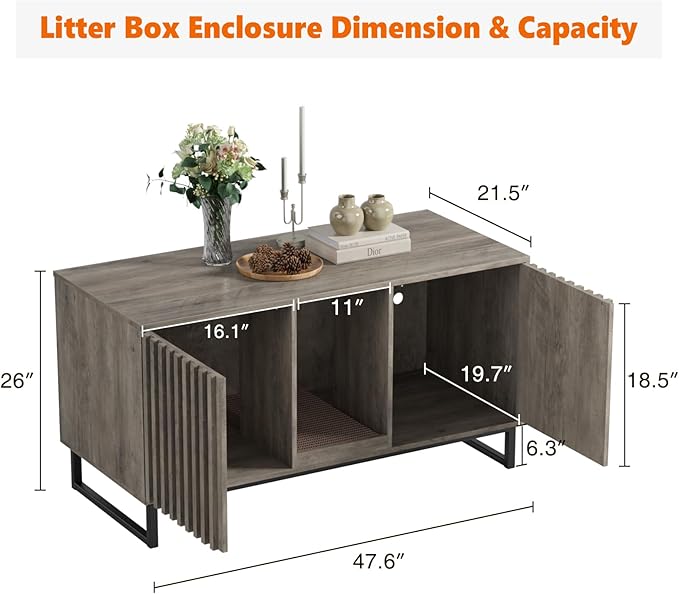 Double Litter Box Enclosure,Modern Cat Litter Box Enclosure for 2 Cats, Hidden Litter Box with Scratch Pad, Cat Washroom Pet House End Table, Entryway Bench for Livingroom (Gray)