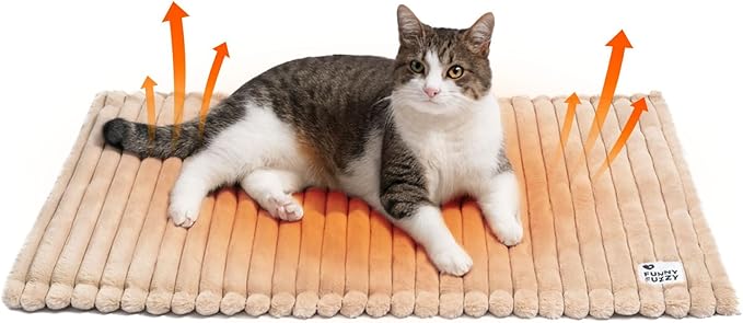 FUNNY FUZZY Self Warming Cat Bed, Waterproof Corduroy Fleece Warm Self Heating Pad for Cats & Dogs, Non-Skid Thermal Pet Mat Indoor with Removable Washable Cover - ThermoPad, 31.5"×25", Khaki