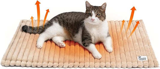 FUNNY FUZZY Self Warming Cat Bed, Waterproof Corduroy Fleece Warm Self Heating Pad for Cats & Dogs, Non-Skid Thermal Pet Mat Indoor with Removable Washable Cover - ThermoPad, 31.5"×25", Khaki
