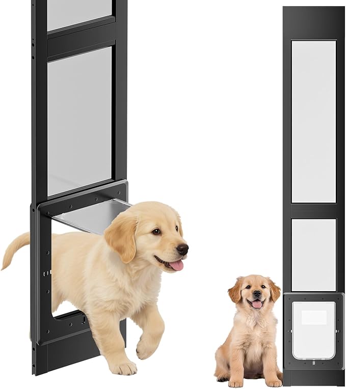 Dog Door for Sliding Glass Door with Magnetic Plastic Flat, Sliding Door Pet Doggie Door Insert with Lock, Adjustable Height No-Cut Required Doggy Door Access for Renters, Apartments, Patio (Black, S)