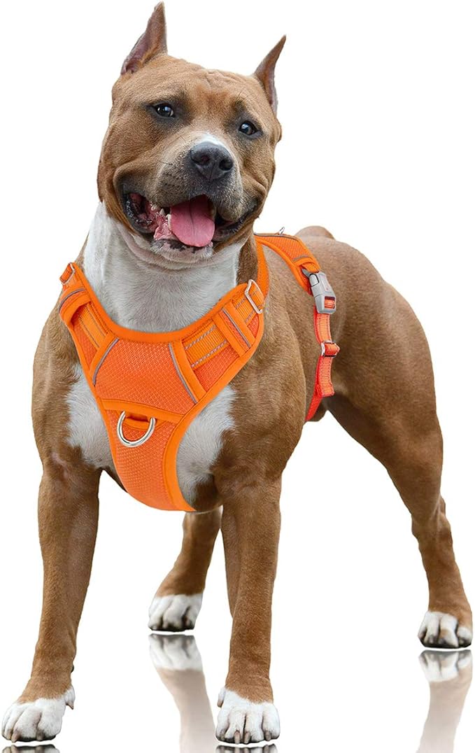 BARKBAY No Pull Dog Harness Large Reflective Dog Harness with Front Clip and Easy Control Handle for Walking Training Running with ID tag Pocket(Orange,L)