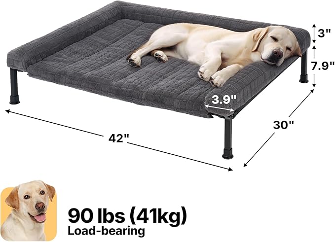 Veehoo Elevated Dog Bed Large Sized with Fluffy Plush Bolster Cushion, Washable Orthopedic Dog Couch Bed, Cooling Raised Pet Cot with Removable Mat, Breathable Mesh, No-Slip Feet, 42 x 30 inches, Grey