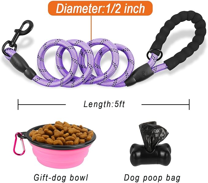 BARKBAY Dog Leashes for Large Dogs Heavy Duty Dog Leash 4/5/6 FT with Comfortable Padded Handle and Highly Reflective Threads for Medium Large Dogs Walking Training Running (5FT-1/2,Violet Purple)