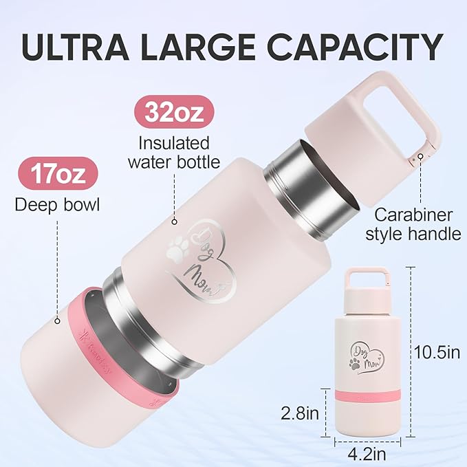 Dog Mom Gift, Insulated Dog Water Bottle with Travel Bowl, for DogLover, Portable Water Bottle Dispenser, Accessories for Car, Hiking, Camping, Outdoor, Leak-Proof, Detachable (DogMom-PalePink)