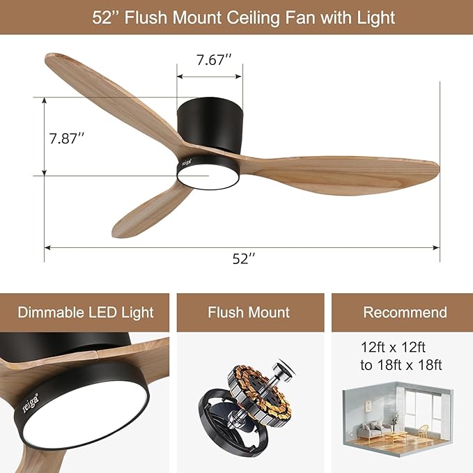 reiga 52" Natural Wood Ceiling Fan with Light and Remote, 3 Blade Flush Mount Low Profile Ceiling Fan for Bedrooom Living Room, Quiet DC Motor