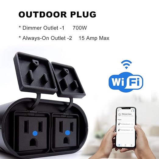Outdoor Smart Dimmer Plug WiFi Light Outlet Compatible with Alexa and Google Home, Max 15 Amp, IP65 Waterproof for Dimmable Lights (WF96D)