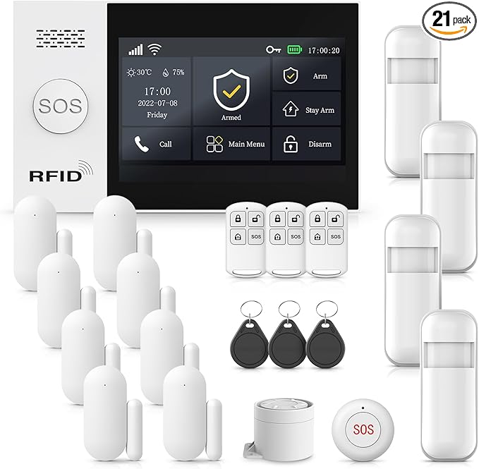 Alarm System for Home Security,21Pcs DIY Kit Touch Screen Siren Hub with Loud Alarm,SOS Button,Window Alarms, Remotes,Door/Motion Sensors,APP Control,Compatible with Alexa,NO Monthly Fee