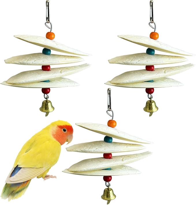 3 Pack Bird Chewing Toy Cuttlebone Parrot Toy with Bell Hanging Bird Beak Grinding Stone Parakeet Cage Accessories for Small Budgies Lovebirds Cockatiels (Flake, 4 Per Skewer)
