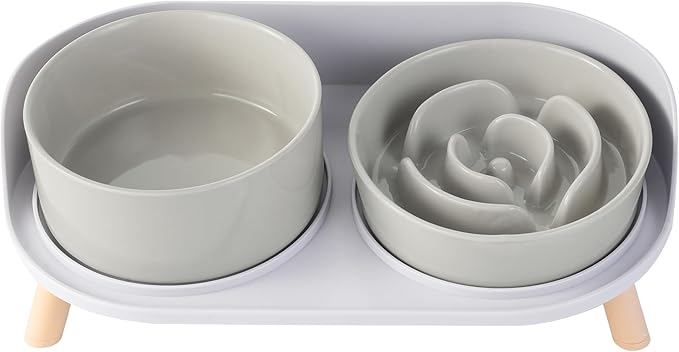 Elevated Slow Feeder Dog Bowls - Ceramic Food and Water Bowl Set with Stand - Raised Pet Dishes for Small and Medium Sized Dogs