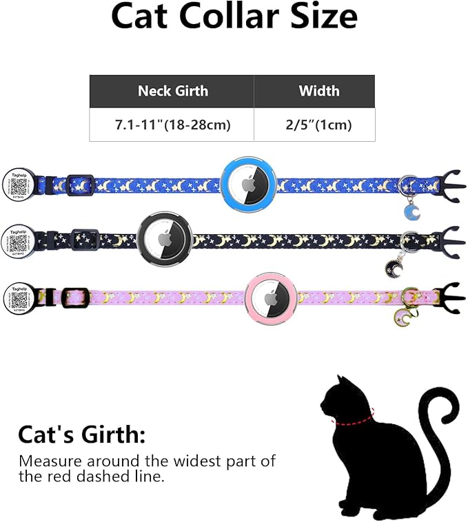 2-Pack Waterproof Breakaway Cat Collars with Moons & Stars Design - Adjustable Apple AirTag Holder & QR Code Safety Tracker for Cats & Kittens with Smart ID tag/NO APP(Black & Pink)