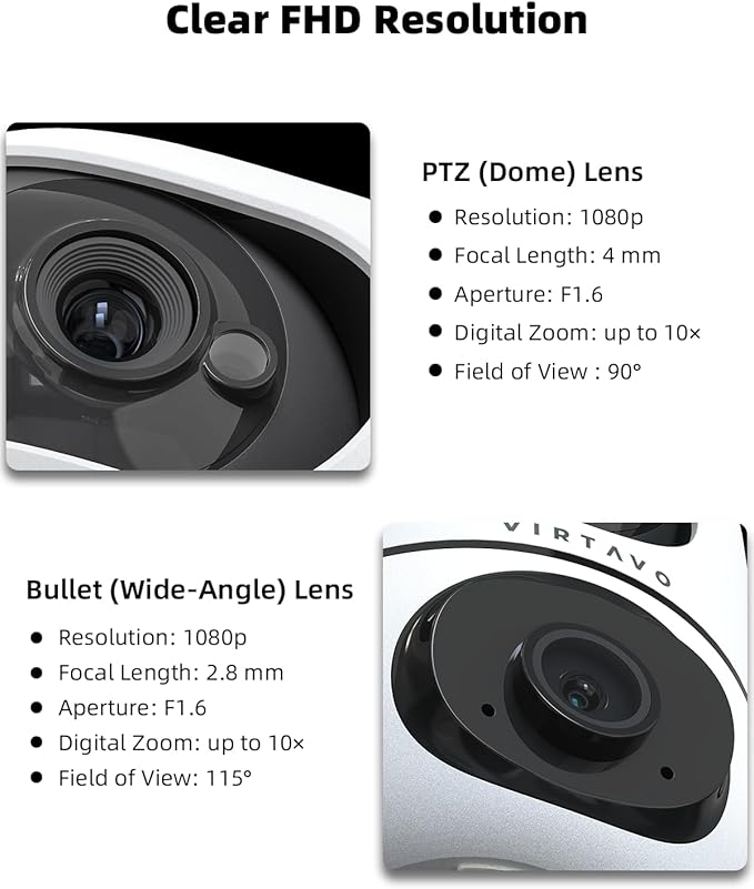 virtavo XD1 Indoor Security WiFi Camera, No Subscription Required, Dual-Lens 360° PTZ Baby Monitor & Pet Cam, Motion Tracking, 2-Way Audio, Night Vision, Cloud/SD Storage, Plug-in Power 2PACK