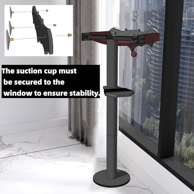 Cat Window Perch with Scratching Post Strong Supported - Large Hammock Bed for Cats Inside - Solid Wood Seat, Soft Cushion - Rustic Indoor Cat Tree Shelf for Sunbathing (Black, Large 2)