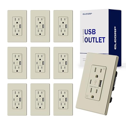 ELEGRP Wall Outlet With USB A & C Ports, 15 Amp Duplex Tamper Resistant Receptacle Plug NEMA 5-15R, Wall Plate Included, UL Listed, 10 Pack, Matte Light Almond
