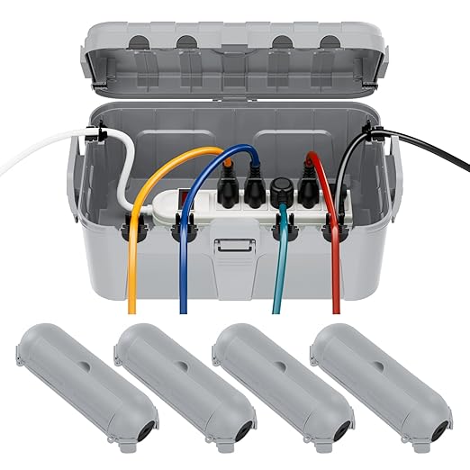 RESTMO 5-Piece Outdoor Waterproof Electrical Box Set – 12.5" x 8.5" x 5" Large & 7.1" x 2.3" x 2.3" Small, Weatherproof Boxes for Power Strip, Outlet, Plug, Socket, Timer, Holiday Light, Light Gray