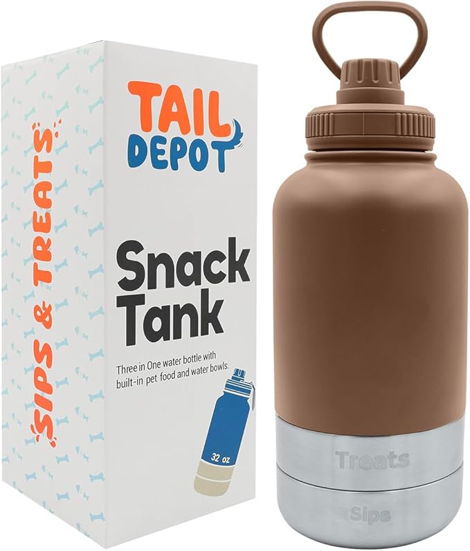 Tail Depot Snack Tank Dog Water Bottle Portable, Pet Water Bottles for Puppy with Food Container, Leak Proof Pet Dispenser for Cats, Small Animals, Dog Gift Accessories Walking, Hiking (1 Liter)