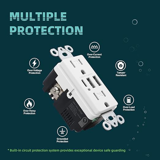 TOPELER USB Charger Wall Outlet, 6.0A USB Receptacle with Type A & Type C Ports, 15 Amp Duplex Tamper Resistant Receptacle Plug, Wall Plate Included, UL&FCC Listed, 10 Pack