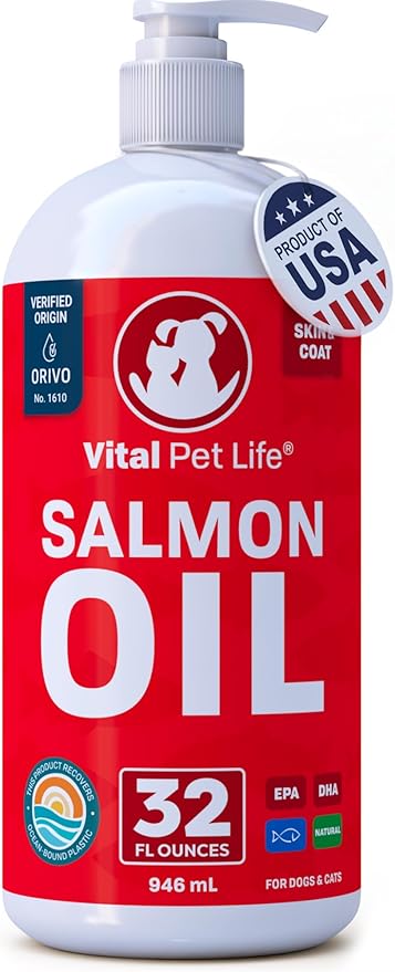 Salmon Oil for Dogs & Cats - Healthy Skin & Coat, Fish Oil, Omega 3 EPA DHA, Liquid Food Supplement for Pets, All Natural, Supports Joint & Bone Health, Natural Allergy & Inflammation Defense, 32 oz