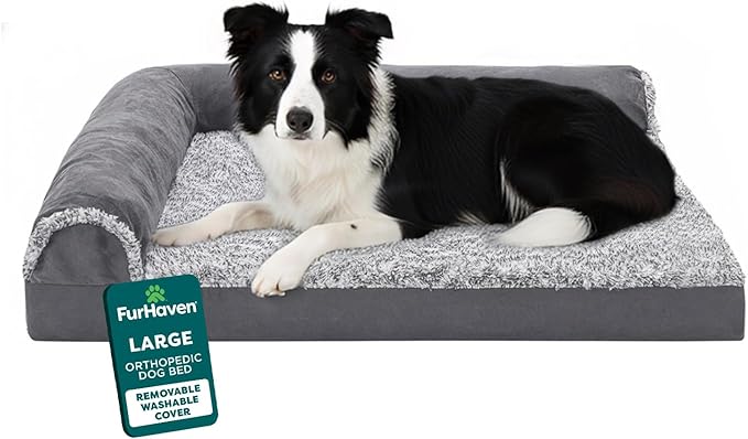 FurHaven Orthopedic Dog Bed for Large Dogs, L-Shaped Chaise Contour Mattress with Egg Crate Orthopedic Memory Foam for Joint Support, Removable Washable Cover, Large, Faux Fur & Suede, Stone Gray