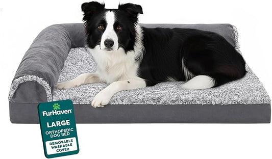 FurHaven Orthopedic Dog Bed for Large Dogs, L-Shaped Chaise Contour Mattress with Egg Crate Orthopedic Memory Foam for Joint Support, Removable Washable Cover, Large, Faux Fur & Suede, Stone Gray
