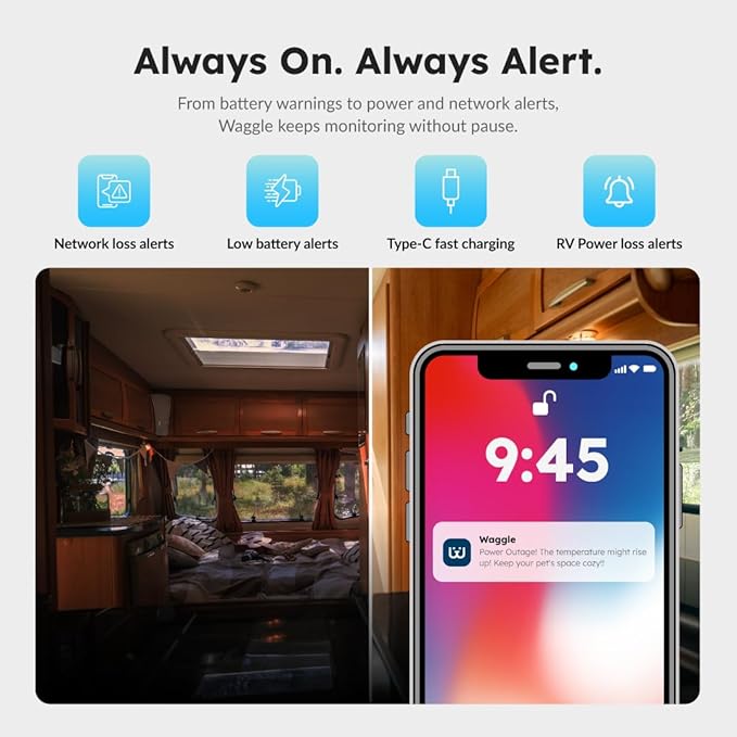 Waggle 4G Pet Temperature & Humidity Monitor with GPS & AQI – Real-Time Alerts via App/SMS/Email – No Wi-Fi Needed – RV, Car & Home Safety Device with Power-Outage Alerts – Subscription Required