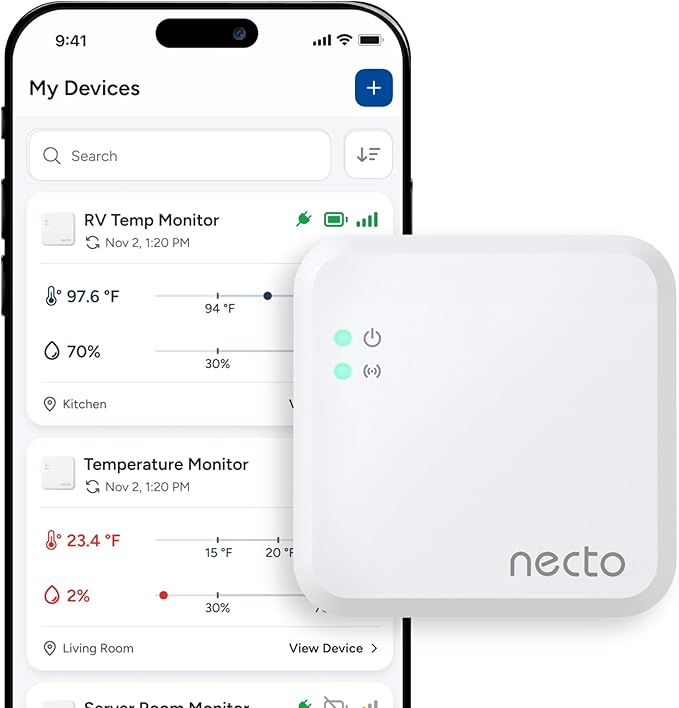 Necto RV Pet Temperature Monitor - No WiFi Required - Remote Power Outage & Temp Sensor with App Alerts. Cellular Monitoring System for Car, Home Safety & Server Room (Subscription Required)