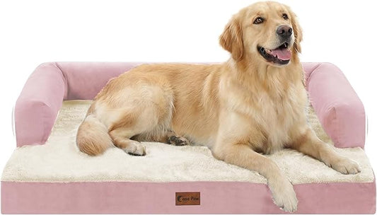 Orthopedic Dog Beds for Large Sized Dogs, Waterproof Egg Crate Foam Large Dog Couch Beds with Comfy Bolster 36x27Inch, Washable Pet Beds with Removable Cover and Nonskid Bottom, Pink