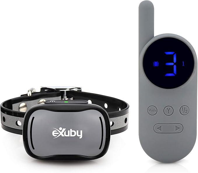 eXuby - Tiny Shock Collar for Small Dogs 5-15lbs - Smallest Collar on The Market - Sound, Vibration, & Shock - 9 Intensity Levels - Pocket-Size Remote - Long Battery Life - Water-Resistant - Gray