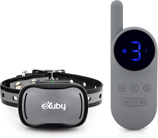 eXuby - Tiny Shock Collar for Small Dogs 5-15lbs - Smallest Collar on The Market - Sound, Vibration, & Shock - 9 Intensity Levels - Pocket-Size Remote - Long Battery Life - Water-Resistant - Gray