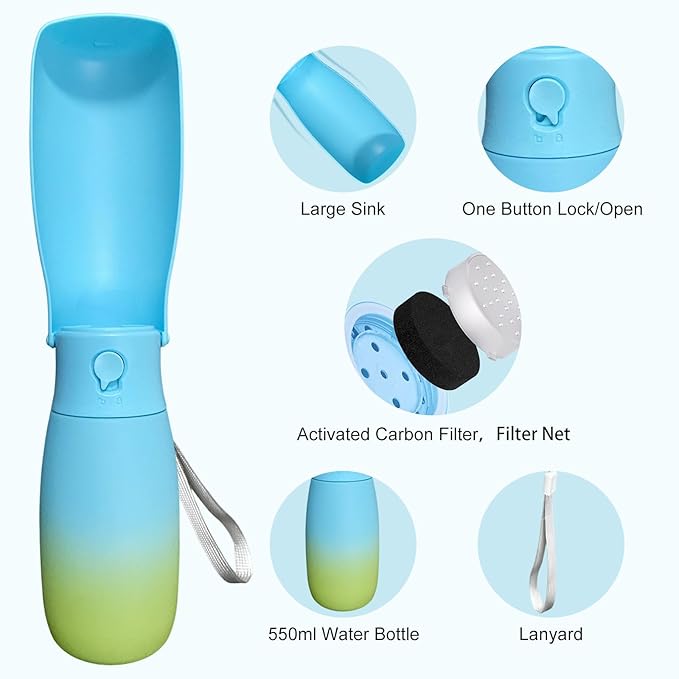 Travel Dog Water Bottle Dispenser-Food Grade Plastic, Portable Dog Water Bowl for Small Medium Large Dogs Puppy, Dogs Essentials for Outdoor Walking Hiking, Dog Gifts (19Oz, Blue&Green)