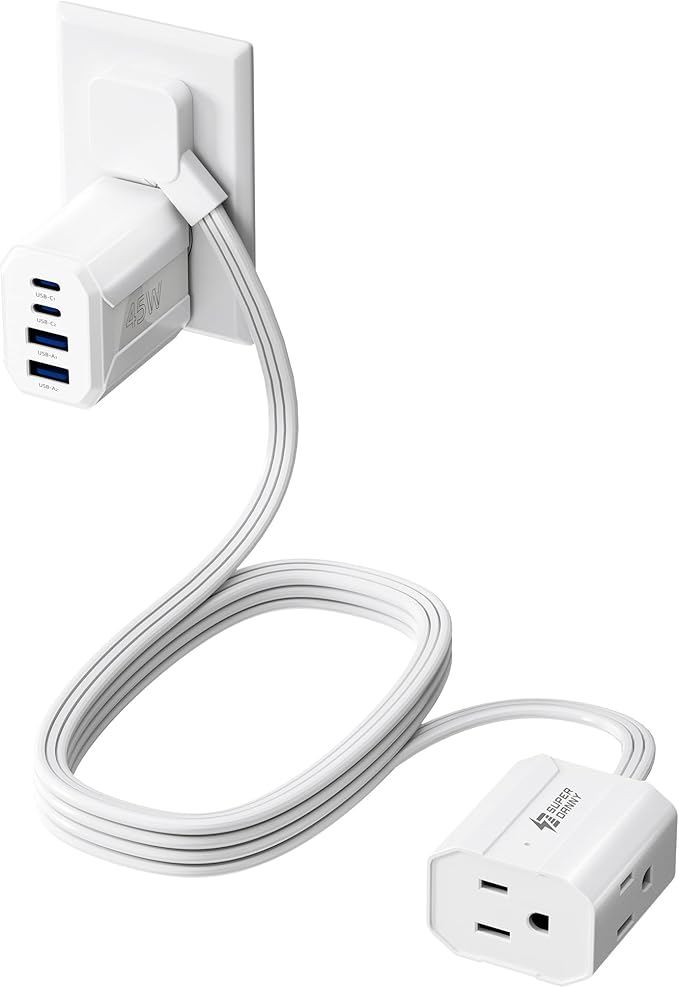 SUPERDANNY Detachable Travel Power Strip,45W USB Fast Charge,2 USB-C & 2 USB-A with 3 Outlets Flat Plug Extension Cord 5ft,Portable Charger for Travel Essentials for Travel Cruise Home, White