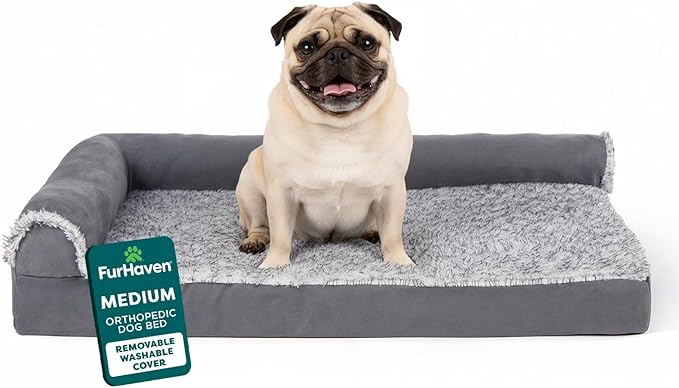FurHaven Orthopedic Dog Bed for Small/Medium Dogs, L-Shaped Chaise Mattress with Egg Crate Orthopedic Memory Foam for Joint Support, Removable Washable Cover, Medium, Faux Fur & Suede, Stone Gray