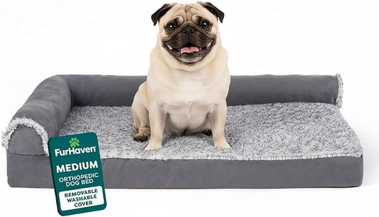 FurHaven Orthopedic Dog Bed for Small/Medium Dogs, L-Shaped Chaise Mattress with Egg Crate Orthopedic Memory Foam for Joint Support, Removable Washable Cover, Medium, Faux Fur & Suede, Stone Gray