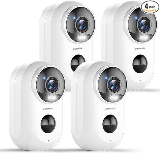 ZUMIMALL Security Cameras Wireless Outdoor, 4 Packs, 2K Cameras for Home Security, Outdoor/Indoor Camera Battery Powered, 2.4G WiFi, Magnetic Mount,3MP Color Night Vision/Siren/PIR/AI/Cloud/Alexa